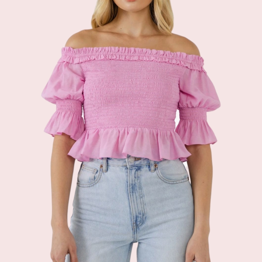 Endless Rose Off the Shoulder Smocked Top in Pink S